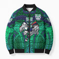 New Zealand Warriors Rugby Bomber Puffer Jacket Polynesian Tribal Warrior Mask Green Blue Pattern