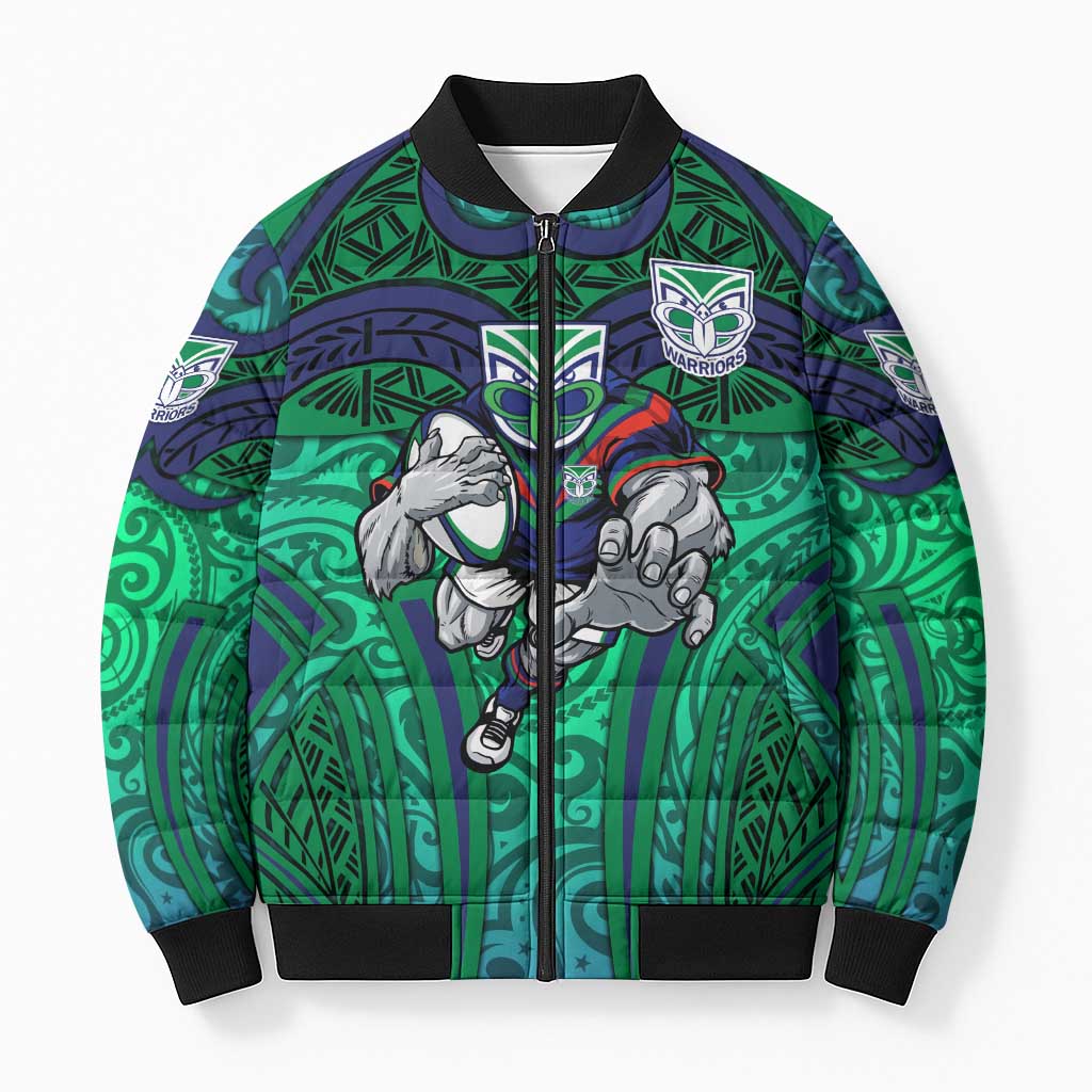 New Zealand Warriors Rugby Bomber Puffer Jacket Polynesian Tribal Warrior Mask Green Blue Pattern