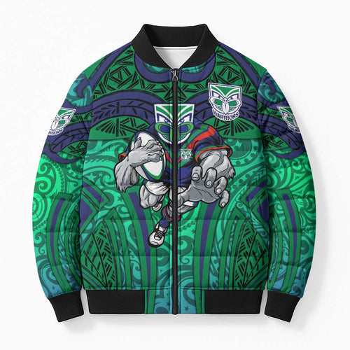 New Zealand Warriors Rugby Bomber Puffer Jacket Polynesian Tribal Warrior Mask Green Blue Pattern