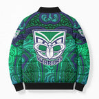 New Zealand Warriors Rugby Bomber Puffer Jacket Polynesian Tribal Warrior Mask Green Blue Pattern