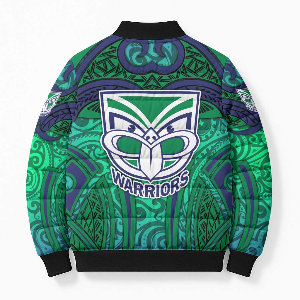 New Zealand Warriors Rugby Bomber Puffer Jacket Polynesian Tribal Warrior Mask Green Blue Pattern