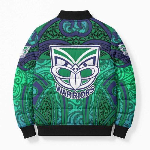 New Zealand Warriors Rugby Bomber Puffer Jacket Polynesian Tribal Warrior Mask Green Blue Pattern