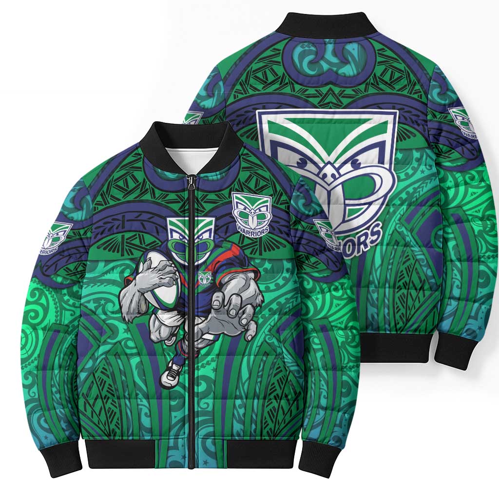 New Zealand Warriors Rugby Bomber Puffer Jacket Polynesian Tribal Warrior Mask Green Blue Pattern