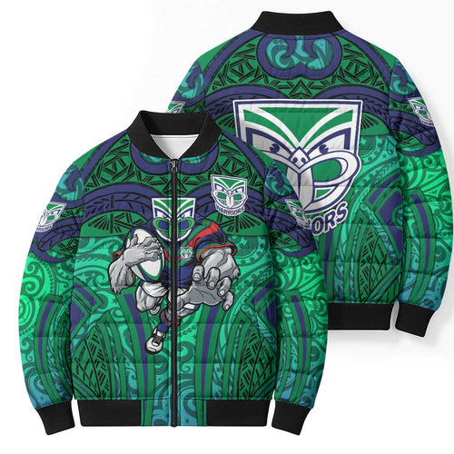 New Zealand Warriors Rugby Bomber Puffer Jacket Polynesian Tribal Warrior Mask Green Blue Pattern