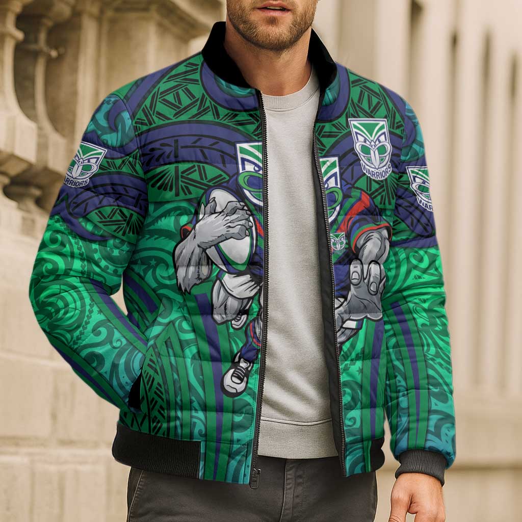 New Zealand Warriors Rugby Bomber Puffer Jacket Polynesian Tribal Warrior Mask Green Blue Pattern