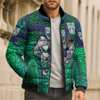 New Zealand Warriors Rugby Bomber Puffer Jacket Polynesian Tribal Warrior Mask Green Blue Pattern