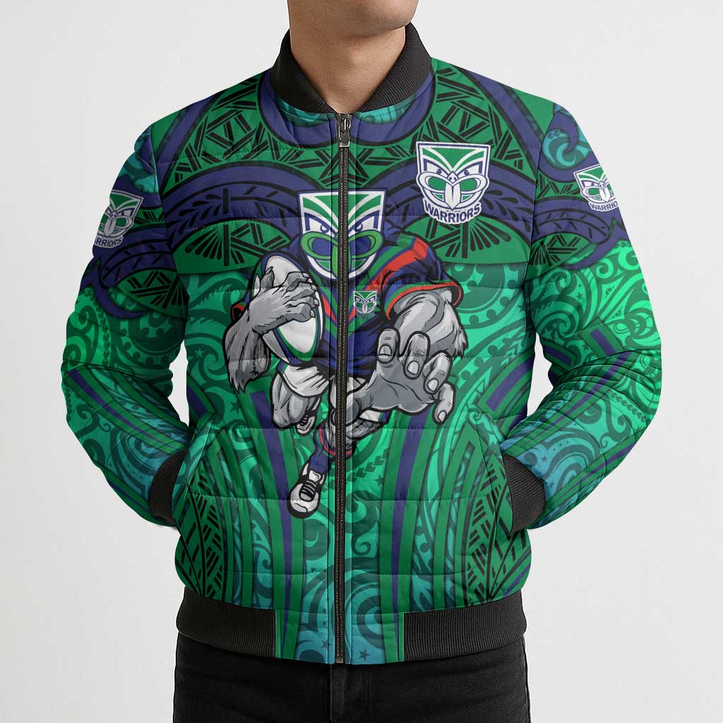 New Zealand Warriors Rugby Bomber Puffer Jacket Polynesian Tribal Warrior Mask Green Blue Pattern
