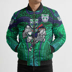 New Zealand Warriors Rugby Bomber Puffer Jacket Polynesian Tribal Warrior Mask Green Blue Pattern