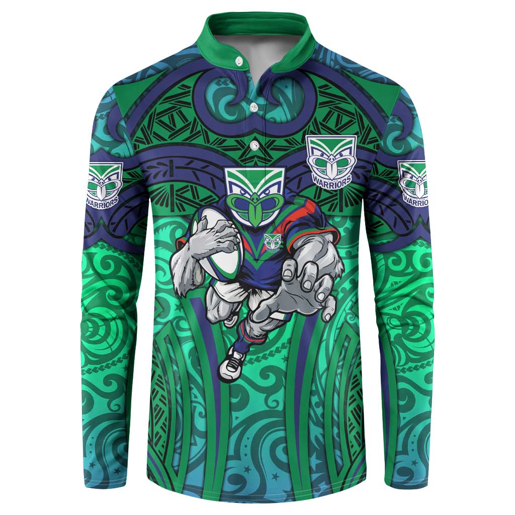 New Zealand Warriors Rugby Button Sweatshirt Polynesian Tribal Warrior Mask Green Blue Pattern