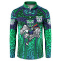 New Zealand Warriors Rugby Button Sweatshirt Polynesian Tribal Warrior Mask Green Blue Pattern