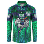 New Zealand Warriors Rugby Button Sweatshirt Polynesian Tribal Warrior Mask Green Blue Pattern