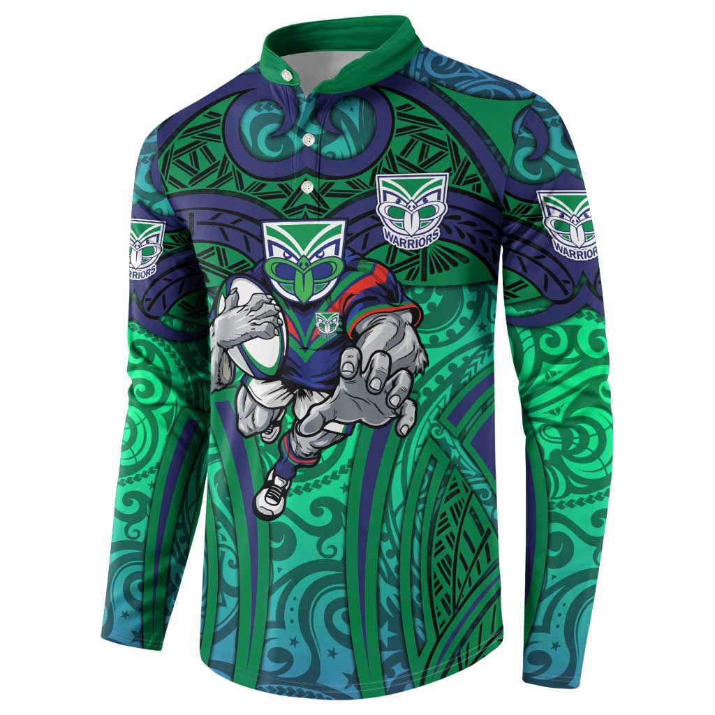 New Zealand Warriors Rugby Button Sweatshirt Polynesian Tribal Warrior Mask Green Blue Pattern