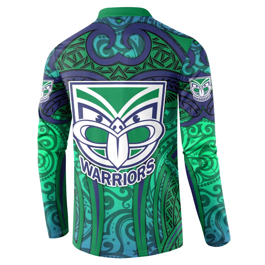 New Zealand Warriors Rugby Button Sweatshirt Polynesian Tribal Warrior Mask Green Blue Pattern