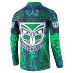 New Zealand Warriors Rugby Button Sweatshirt Polynesian Tribal Warrior Mask Green Blue Pattern