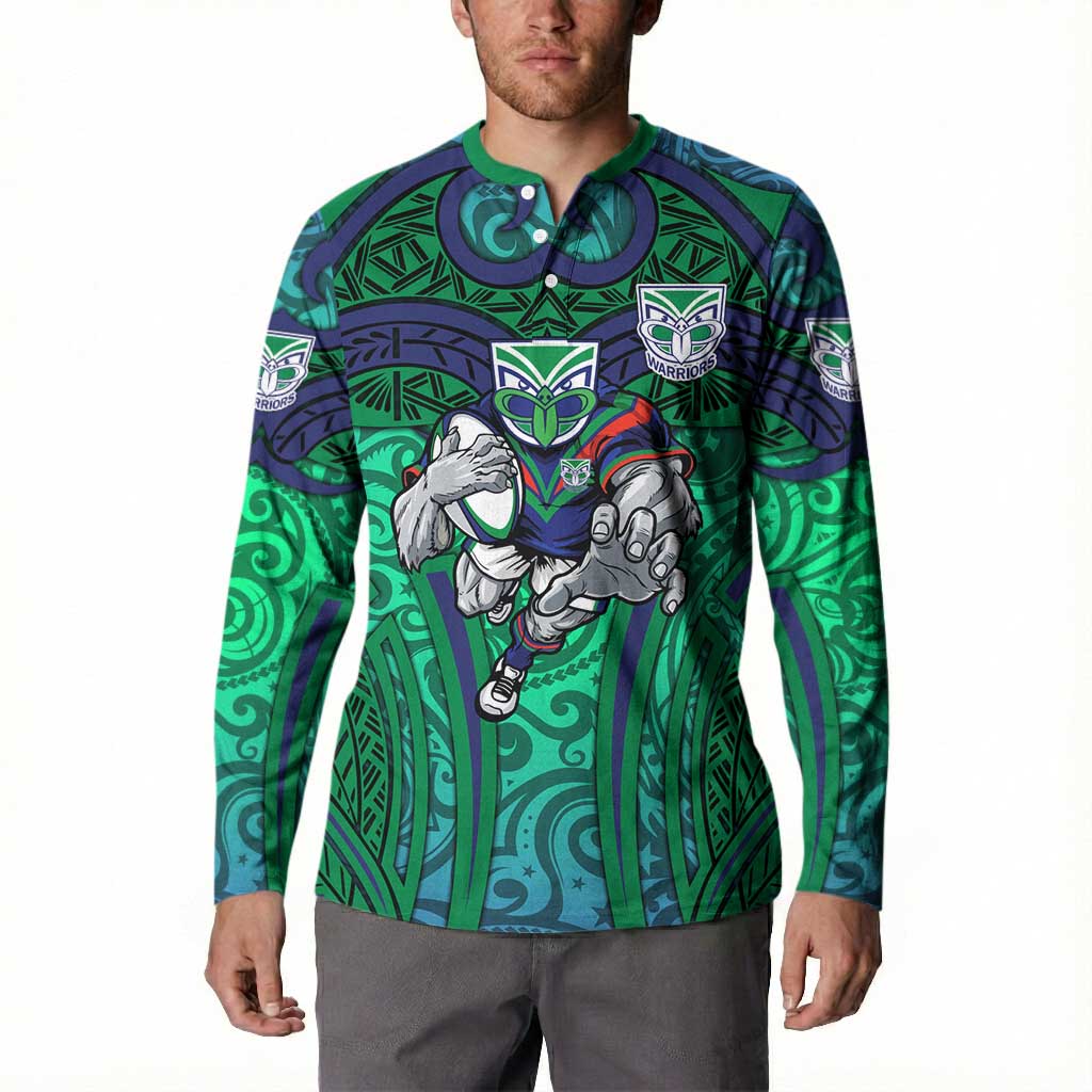 New Zealand Warriors Rugby Button Sweatshirt Polynesian Tribal Warrior Mask Green Blue Pattern
