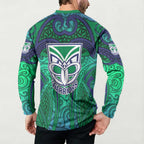 New Zealand Warriors Rugby Button Sweatshirt Polynesian Tribal Warrior Mask Green Blue Pattern