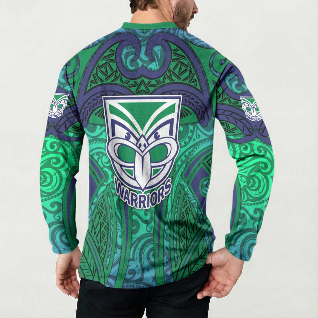 New Zealand Warriors Rugby Button Sweatshirt Polynesian Tribal Warrior Mask Green Blue Pattern
