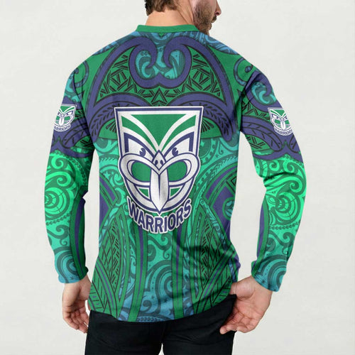 New Zealand Warriors Rugby Button Sweatshirt Polynesian Tribal Warrior Mask Green Blue Pattern