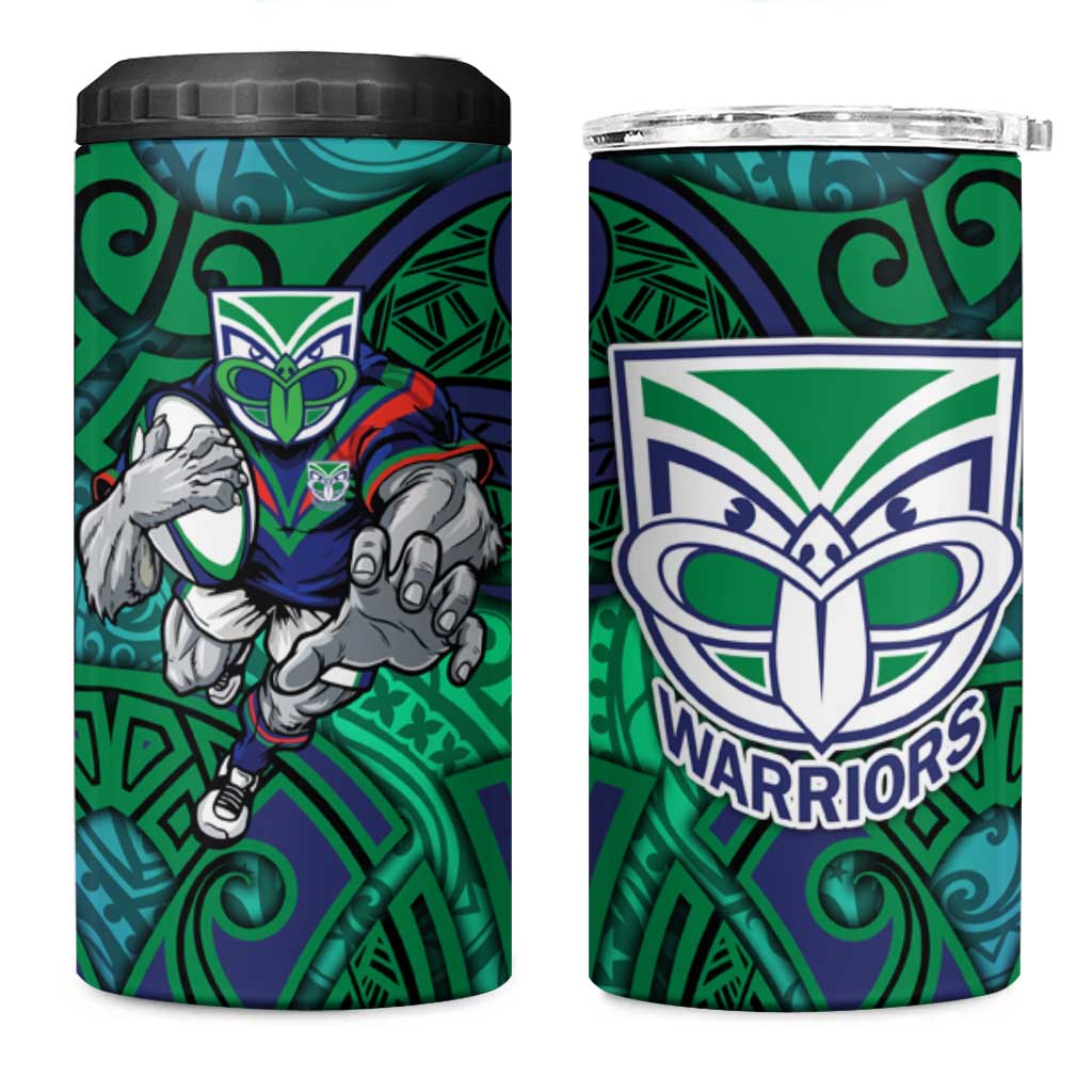 New Zealand Warriors Rugby 4 in 1 Can Cooler Tumbler Polynesian Tribal Warrior Mask Green Blue Pattern