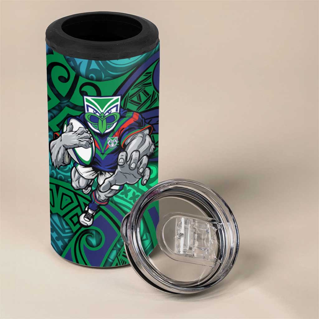New Zealand Warriors Rugby 4 in 1 Can Cooler Tumbler Polynesian Tribal Warrior Mask Green Blue Pattern