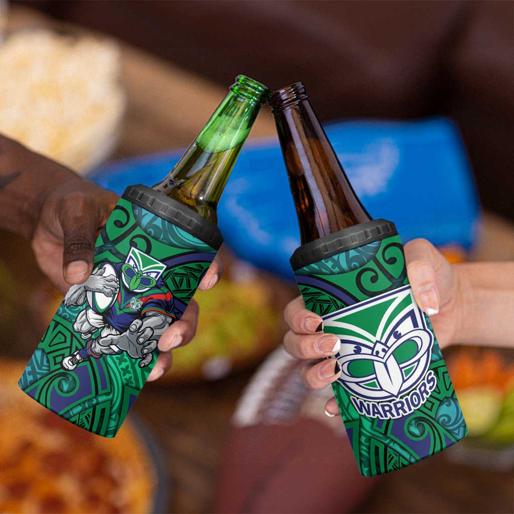 New Zealand Warriors Rugby 4 in 1 Can Cooler Tumbler Polynesian Tribal Warrior Mask Green Blue Pattern