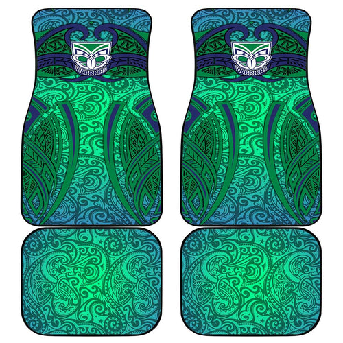 New Zealand Warriors Rugby Car Mats Polynesian Tribal Warrior Mask Green Blue Pattern