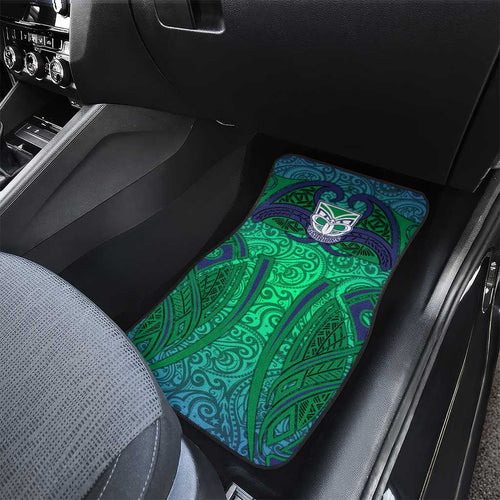 New Zealand Warriors Rugby Car Mats Polynesian Tribal Warrior Mask Green Blue Pattern