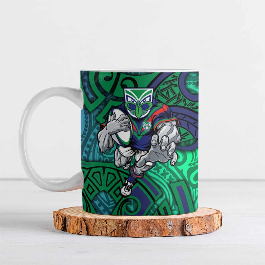 New Zealand Warriors Rugby Ceramic Mug Polynesian Tribal Warrior Mask Green Blue Pattern