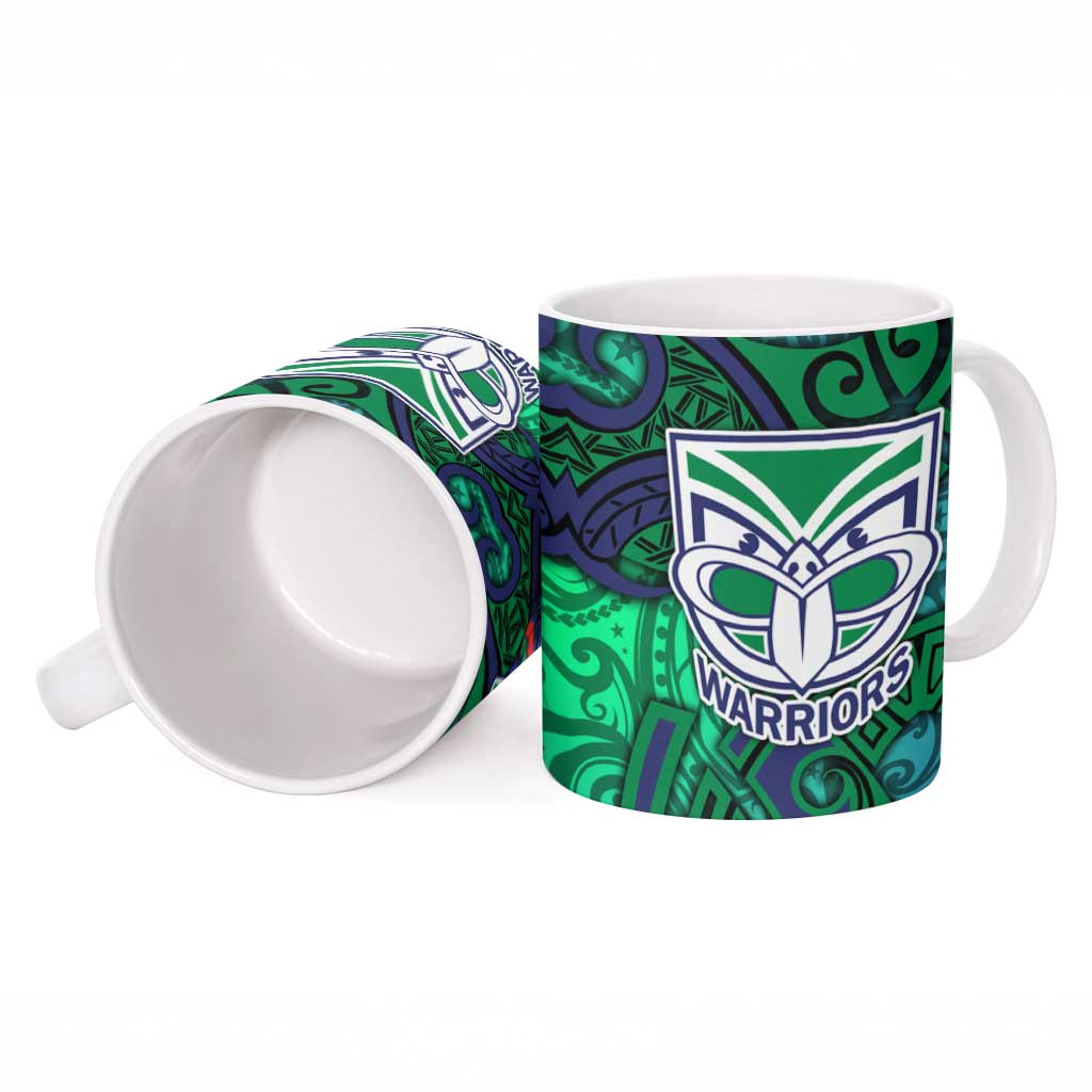 New Zealand Warriors Rugby Ceramic Mug Polynesian Tribal Warrior Mask Green Blue Pattern