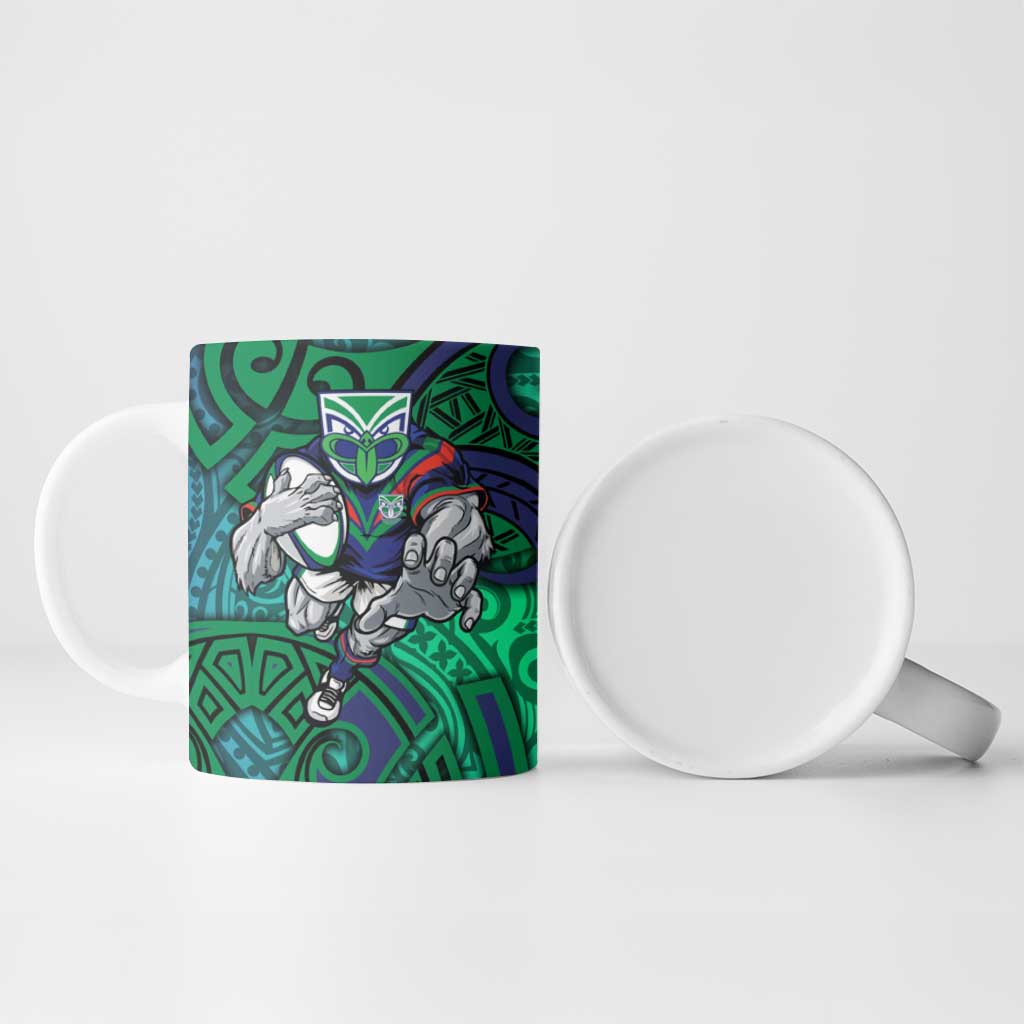New Zealand Warriors Rugby Ceramic Mug Polynesian Tribal Warrior Mask Green Blue Pattern