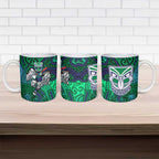 New Zealand Warriors Rugby Ceramic Mug Polynesian Tribal Warrior Mask Green Blue Pattern