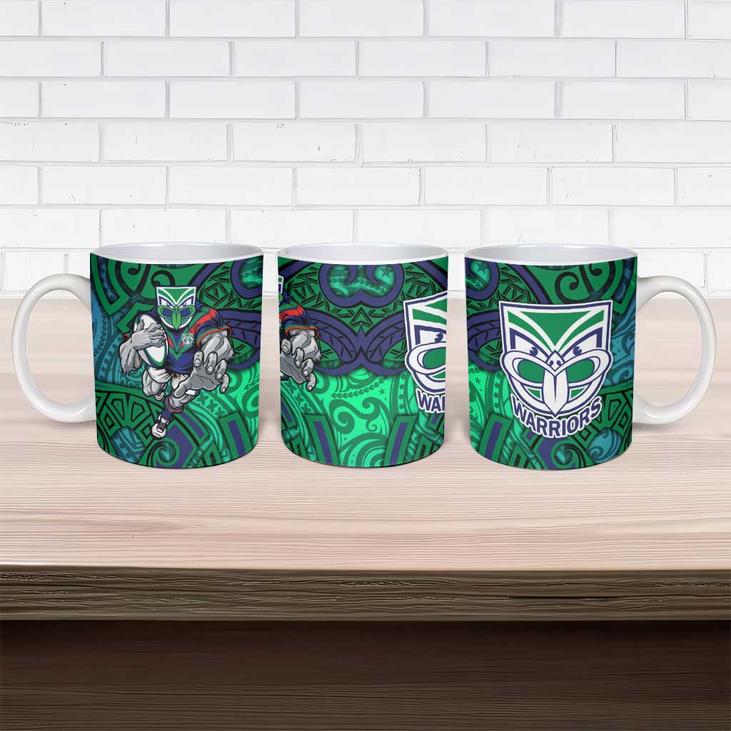 New Zealand Warriors Rugby Ceramic Mug Polynesian Tribal Warrior Mask Green Blue Pattern