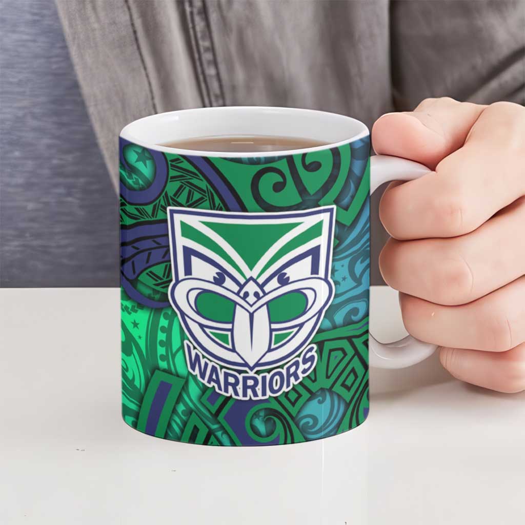 New Zealand Warriors Rugby Ceramic Mug Polynesian Tribal Warrior Mask Green Blue Pattern