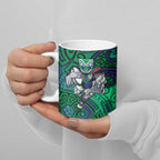 New Zealand Warriors Rugby Ceramic Mug Polynesian Tribal Warrior Mask Green Blue Pattern