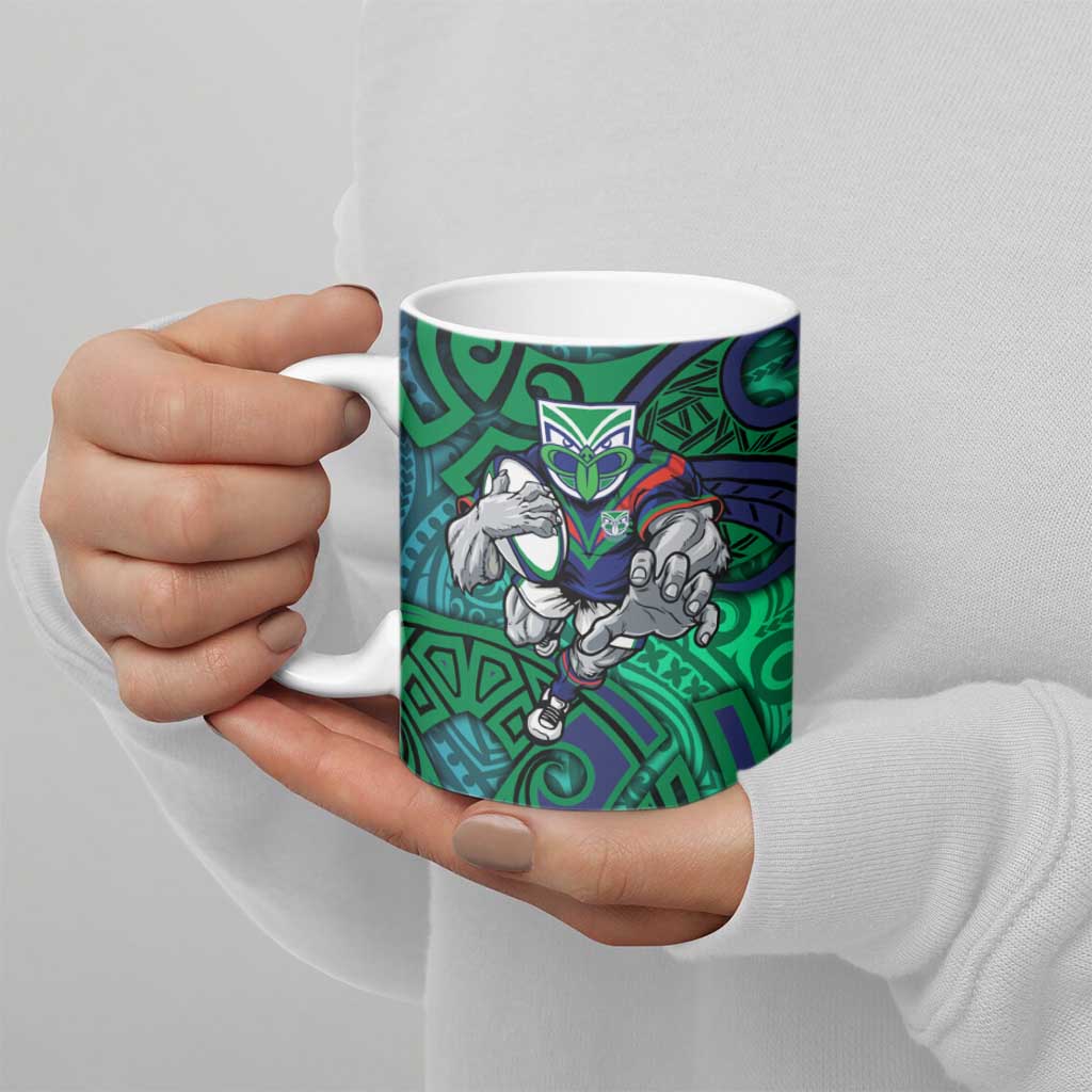 New Zealand Warriors Rugby Ceramic Mug Polynesian Tribal Warrior Mask Green Blue Pattern
