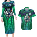 New Zealand Warriors Rugby Couples Matching Long Sleeve Bodycon Dress and Hawaiian Shirt Polynesian Tribal Warrior Mask Green Blue Pattern