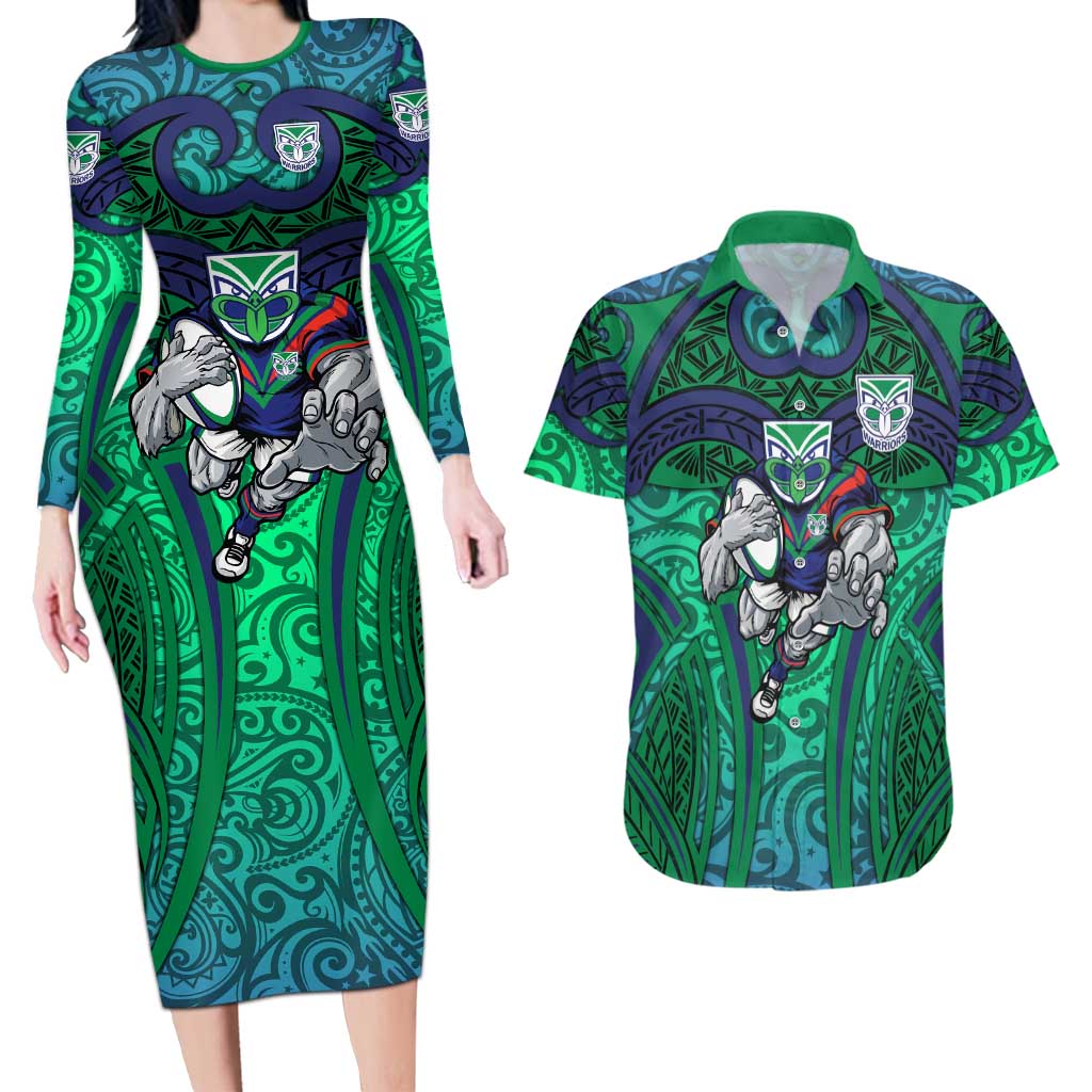 New Zealand Warriors Rugby Couples Matching Long Sleeve Bodycon Dress and Hawaiian Shirt Polynesian Tribal Warrior Mask Green Blue Pattern