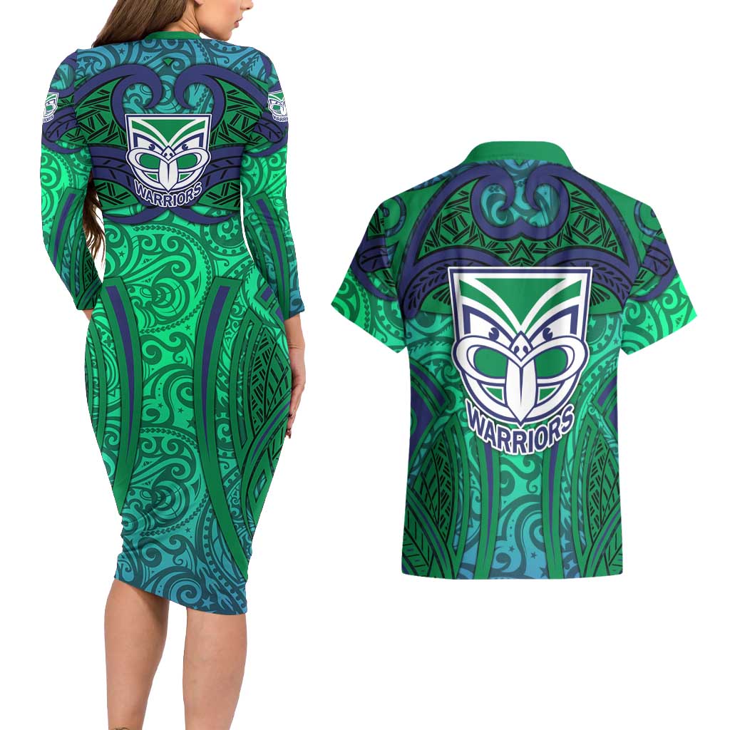 New Zealand Warriors Rugby Couples Matching Long Sleeve Bodycon Dress and Hawaiian Shirt Polynesian Tribal Warrior Mask Green Blue Pattern