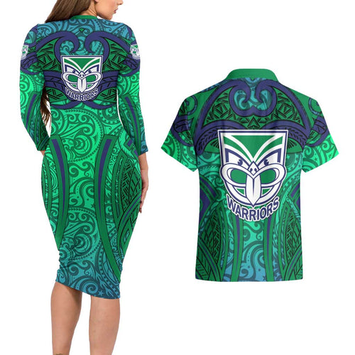 New Zealand Warriors Rugby Couples Matching Long Sleeve Bodycon Dress and Hawaiian Shirt Polynesian Tribal Warrior Mask Green Blue Pattern