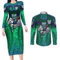 New Zealand Warriors Rugby Couples Matching Long Sleeve Bodycon Dress and Long Sleeve Button Shirt Polynesian Tribal Warrior Mask Green Blue Pattern
