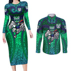 New Zealand Warriors Rugby Couples Matching Long Sleeve Bodycon Dress and Long Sleeve Button Shirt Polynesian Tribal Warrior Mask Green Blue Pattern