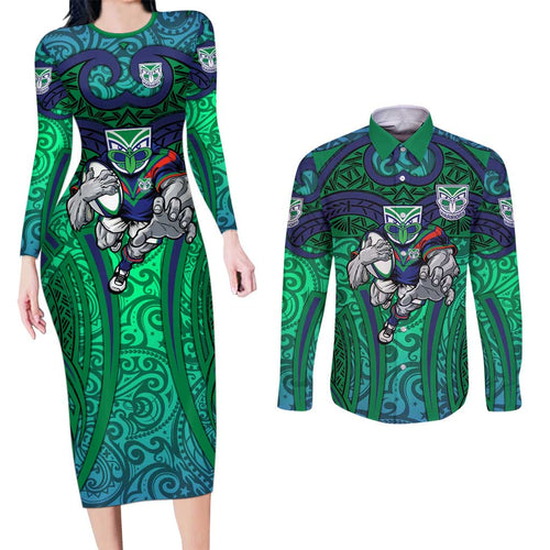 New Zealand Warriors Rugby Couples Matching Long Sleeve Bodycon Dress and Long Sleeve Button Shirt Polynesian Tribal Warrior Mask Green Blue Pattern