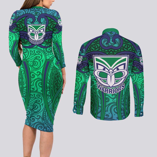 New Zealand Warriors Rugby Couples Matching Long Sleeve Bodycon Dress and Long Sleeve Button Shirt Polynesian Tribal Warrior Mask Green Blue Pattern
