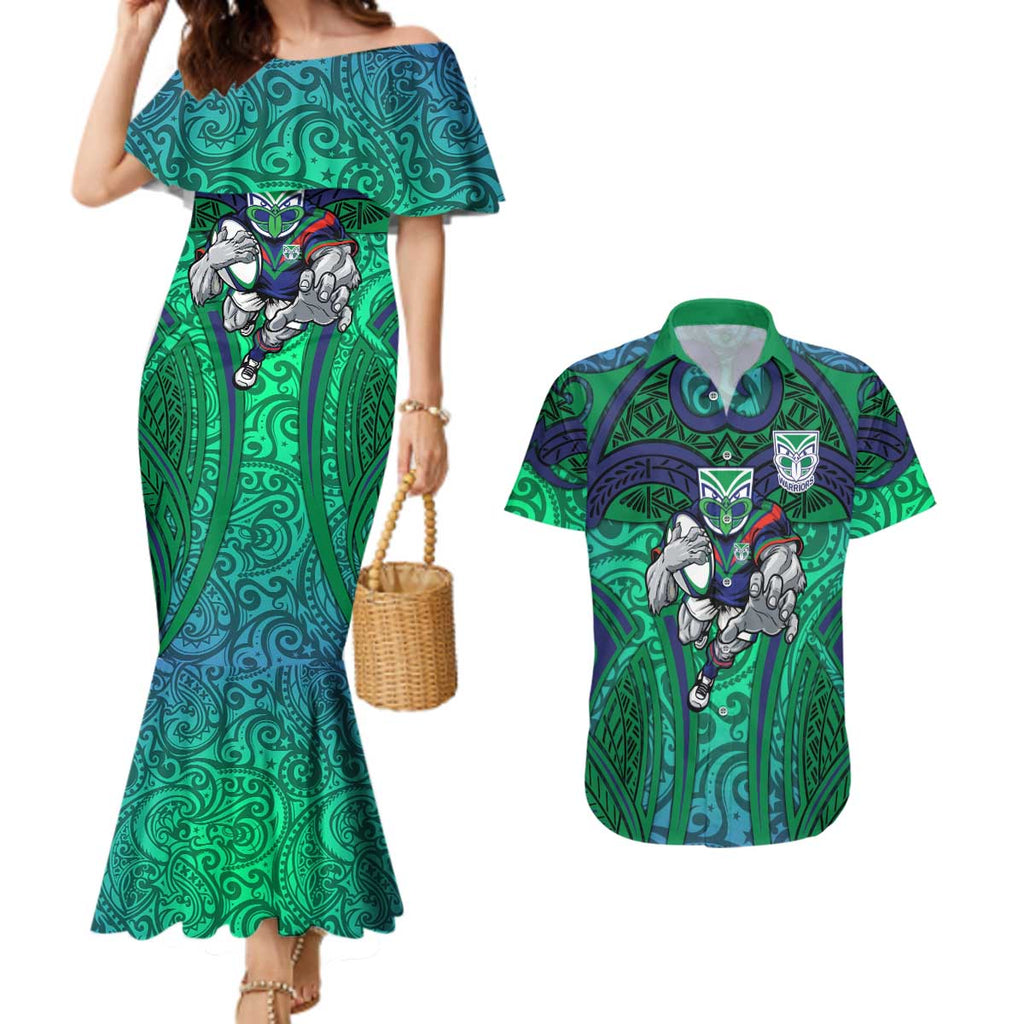 New Zealand Warriors Rugby Couples Matching Mermaid Dress and Hawaiian Shirt Polynesian Tribal Warrior Mask Green Blue Pattern