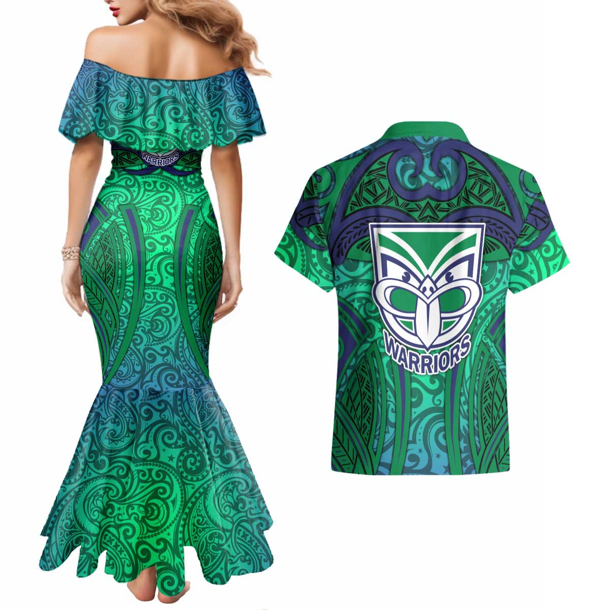 New Zealand Warriors Rugby Couples Matching Mermaid Dress and Hawaiian Shirt Polynesian Tribal Warrior Mask Green Blue Pattern
