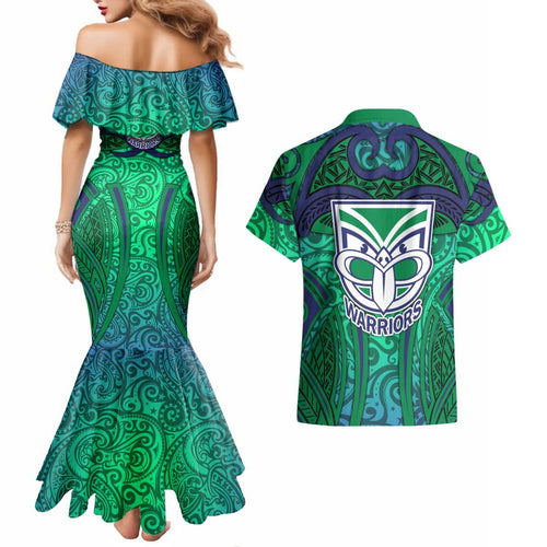 New Zealand Warriors Rugby Couples Matching Mermaid Dress and Hawaiian Shirt Polynesian Tribal Warrior Mask Green Blue Pattern