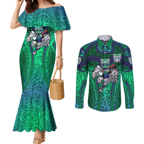 New Zealand Warriors Rugby Couples Matching Mermaid Dress and Long Sleeve Button Shirt Polynesian Tribal Warrior Mask Green Blue Pattern
