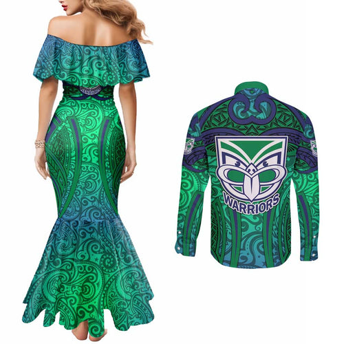 New Zealand Warriors Rugby Couples Matching Mermaid Dress and Long Sleeve Button Shirt Polynesian Tribal Warrior Mask Green Blue Pattern