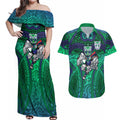 New Zealand Warriors Rugby Couples Matching Off Shoulder Maxi Dress and Hawaiian Shirt Polynesian Tribal Warrior Mask Green Blue Pattern