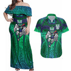 New Zealand Warriors Rugby Couples Matching Off Shoulder Maxi Dress and Hawaiian Shirt Polynesian Tribal Warrior Mask Green Blue Pattern